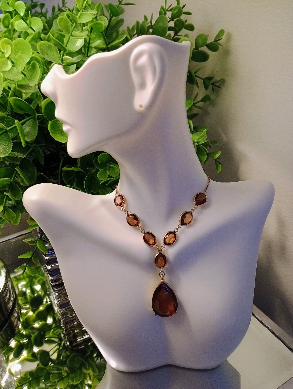 Gold-Tone Amber Teardrop Pendant Necklace